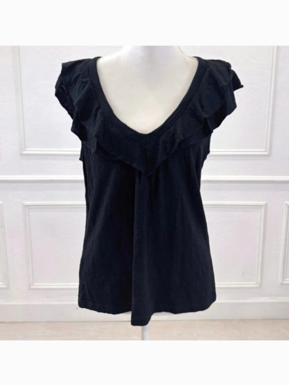 WHBM Black V-Neck Ruffle Cotton Slub Tee Large